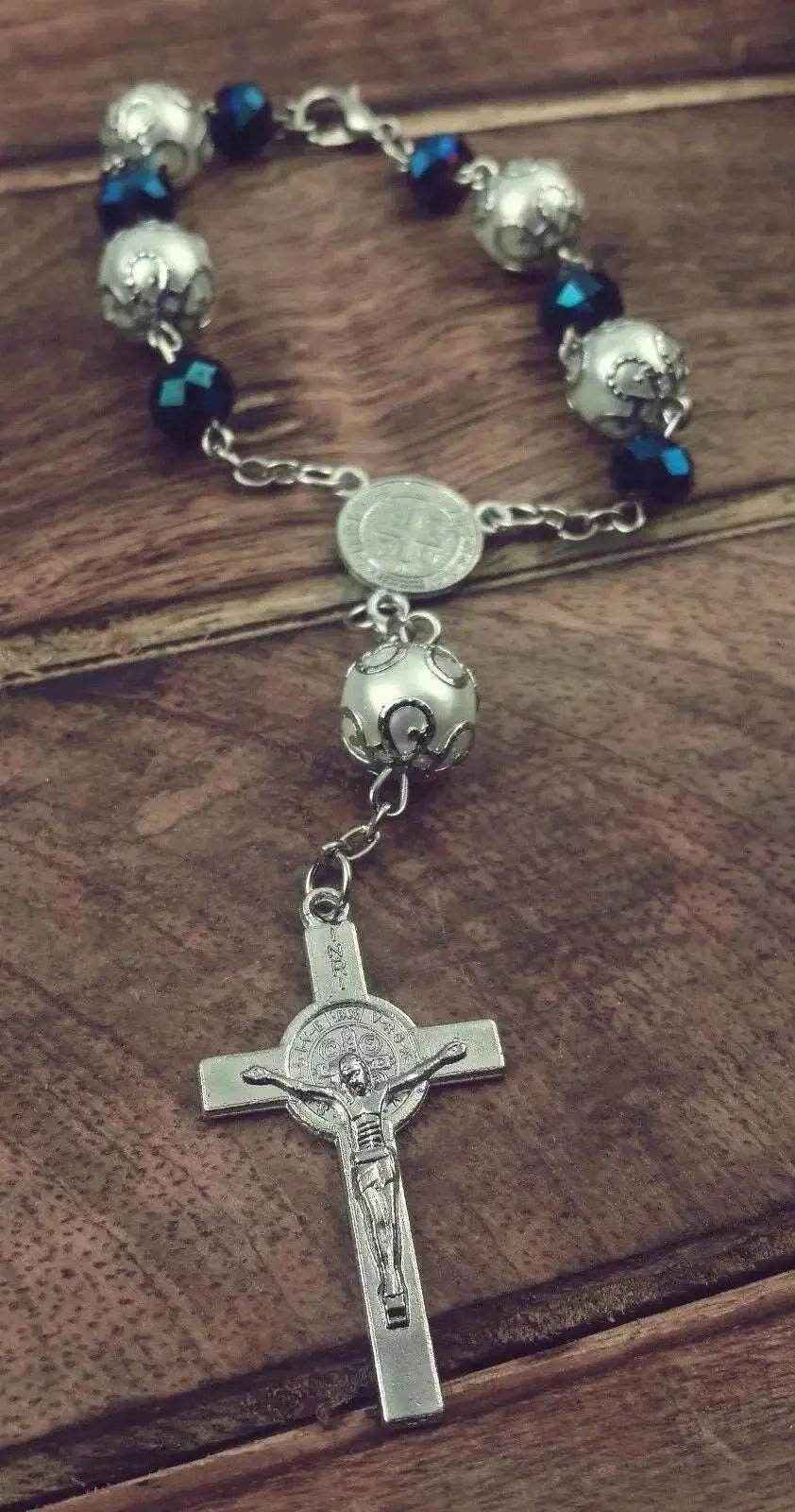 Saint Benedict Car Rosary Deep Blue Beads Chaplet Auro Rear view Jerusalem