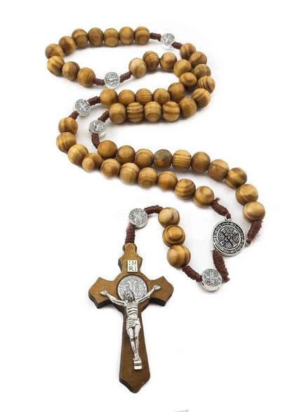 Saint Benedict Olive Wood Rosary Necklace