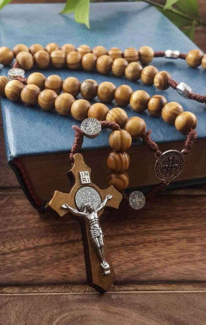 Saint Benedict Olive Wood Rosary Necklace