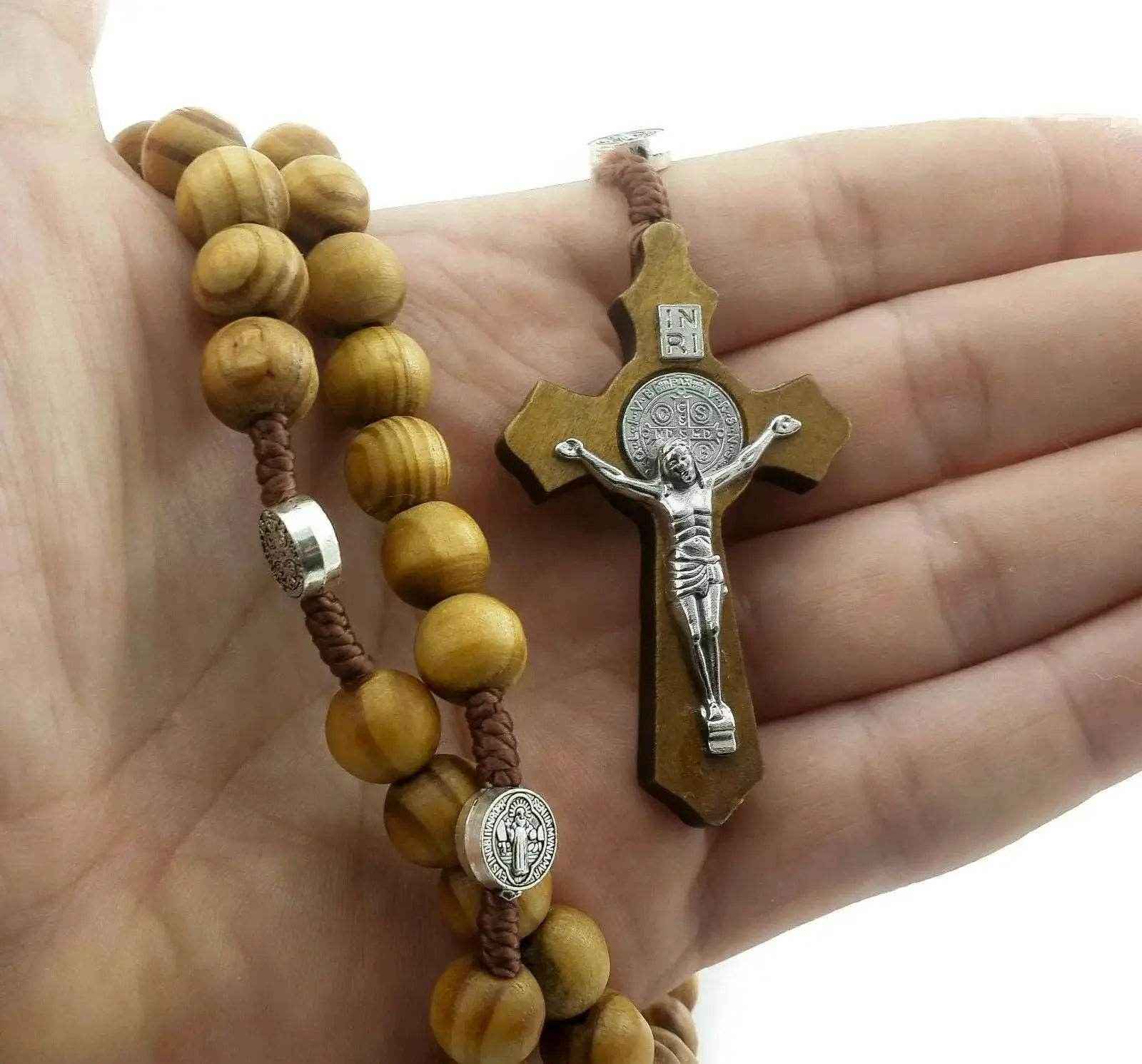 Saint Benedict Olive Wood Rosary Necklace