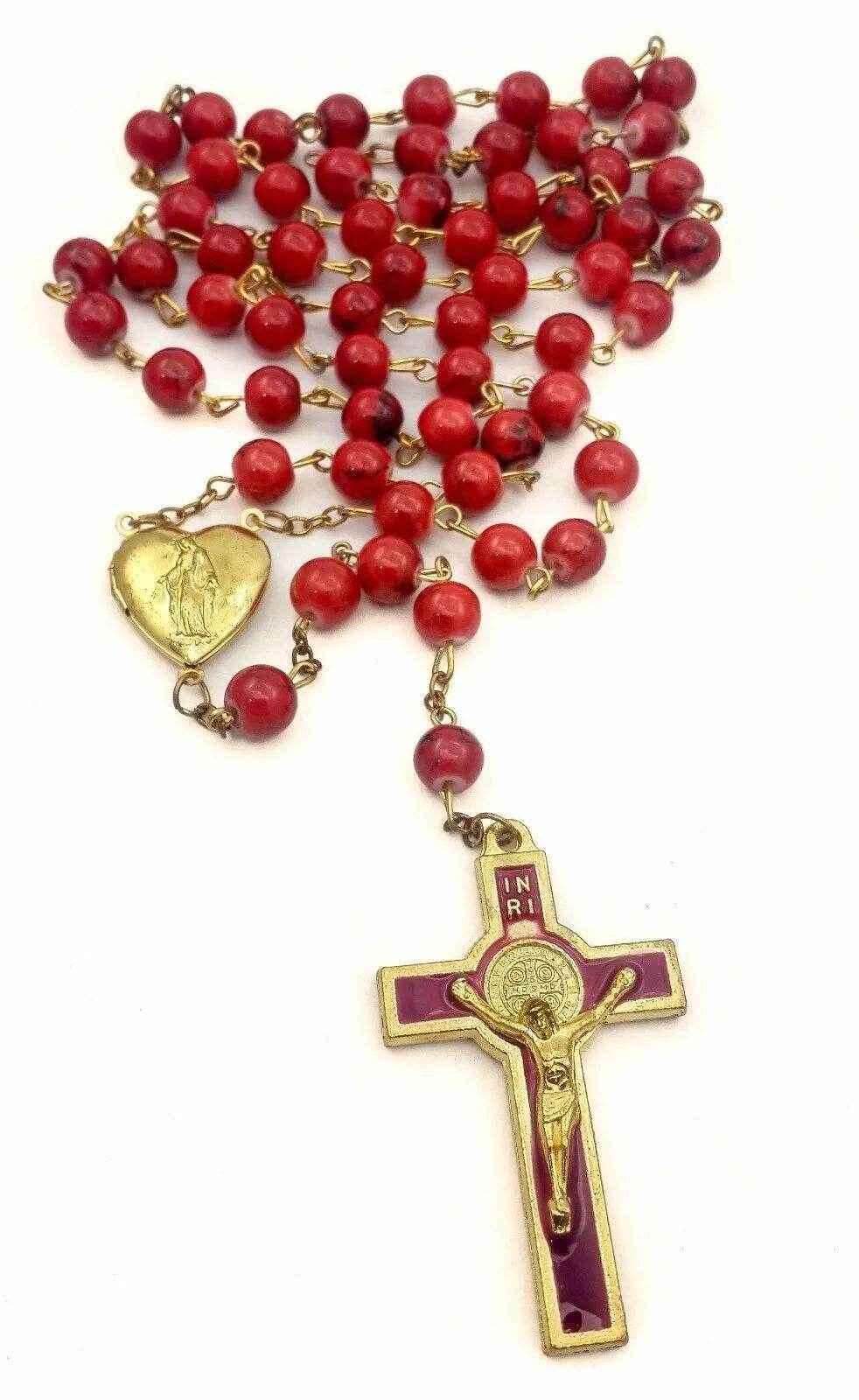 Saint Benedict Red Beads Rosary Enamel Cross Heart Shape Medal