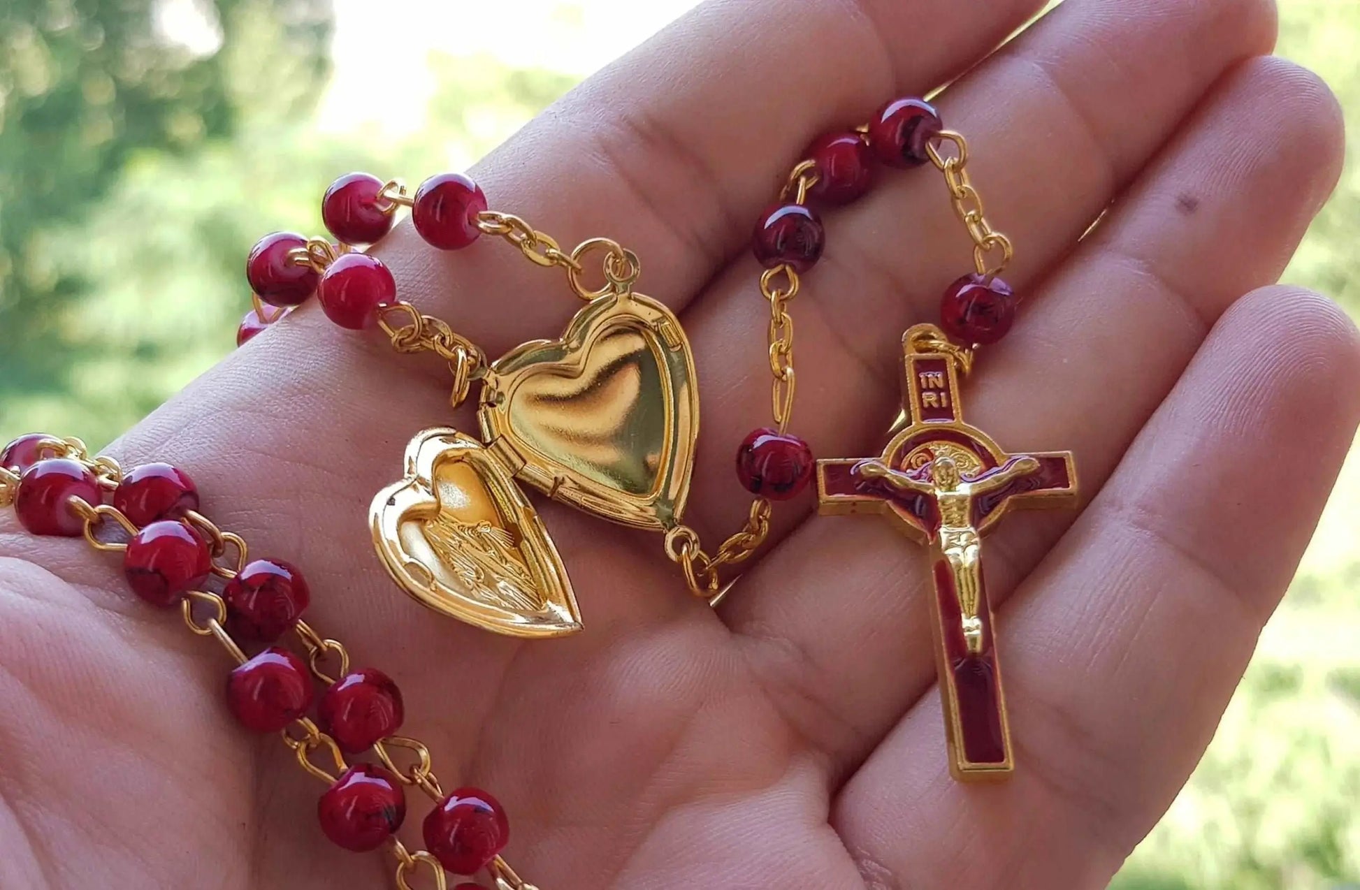 Saint Benedict Red Beads Rosary Enamel Cross Heart Shape Medal Nazareth Store