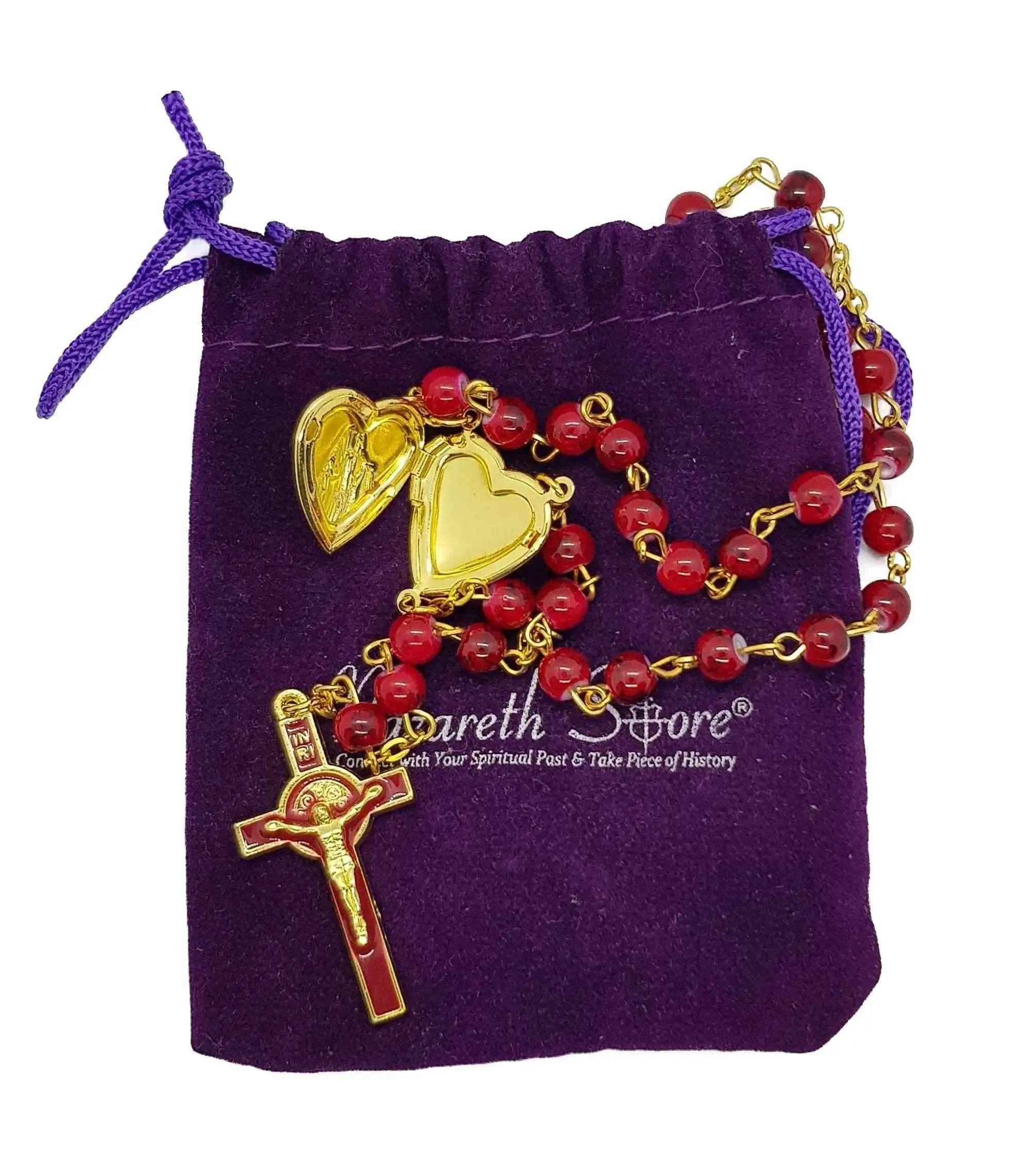 Saint Benedict Red Rosary Beads Enamel Cross Heart Shape Medal - Nazareth Store