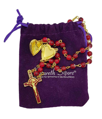 Saint Benedict Red Rosary Beads Enamel Cross Heart Shape Medal - Nazareth Store