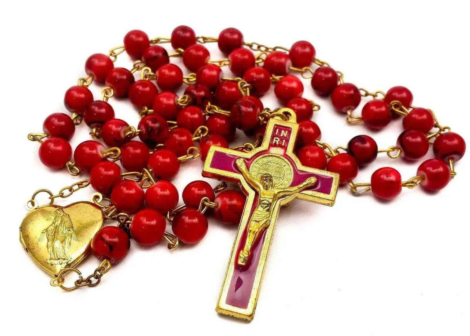 Saint Benedict Red Beads Rosary Enamel Cross Heart Shape Medal