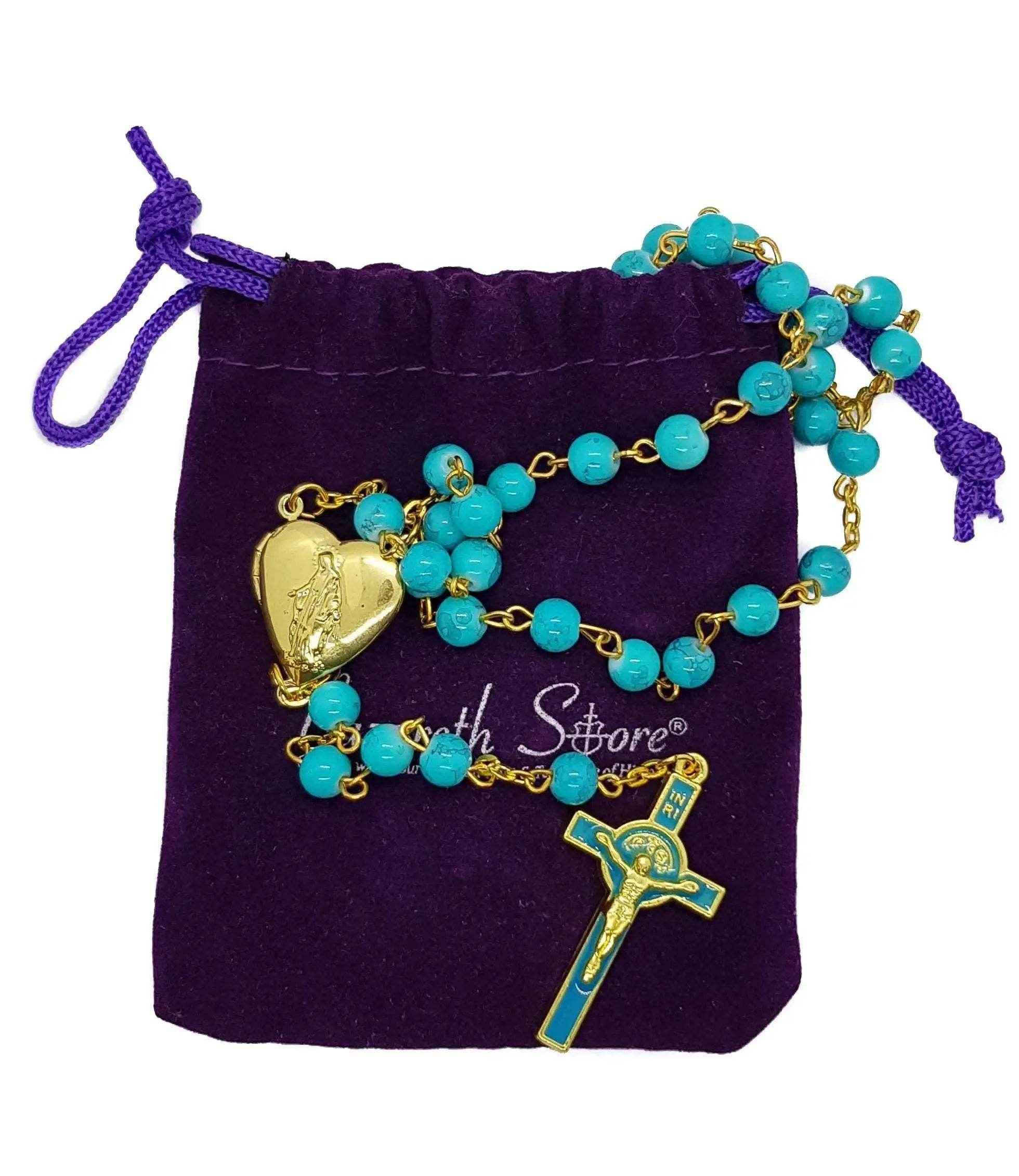 Saint Benedict Turquoise Beads Rosary Enamel Cross Heart Shape Medal