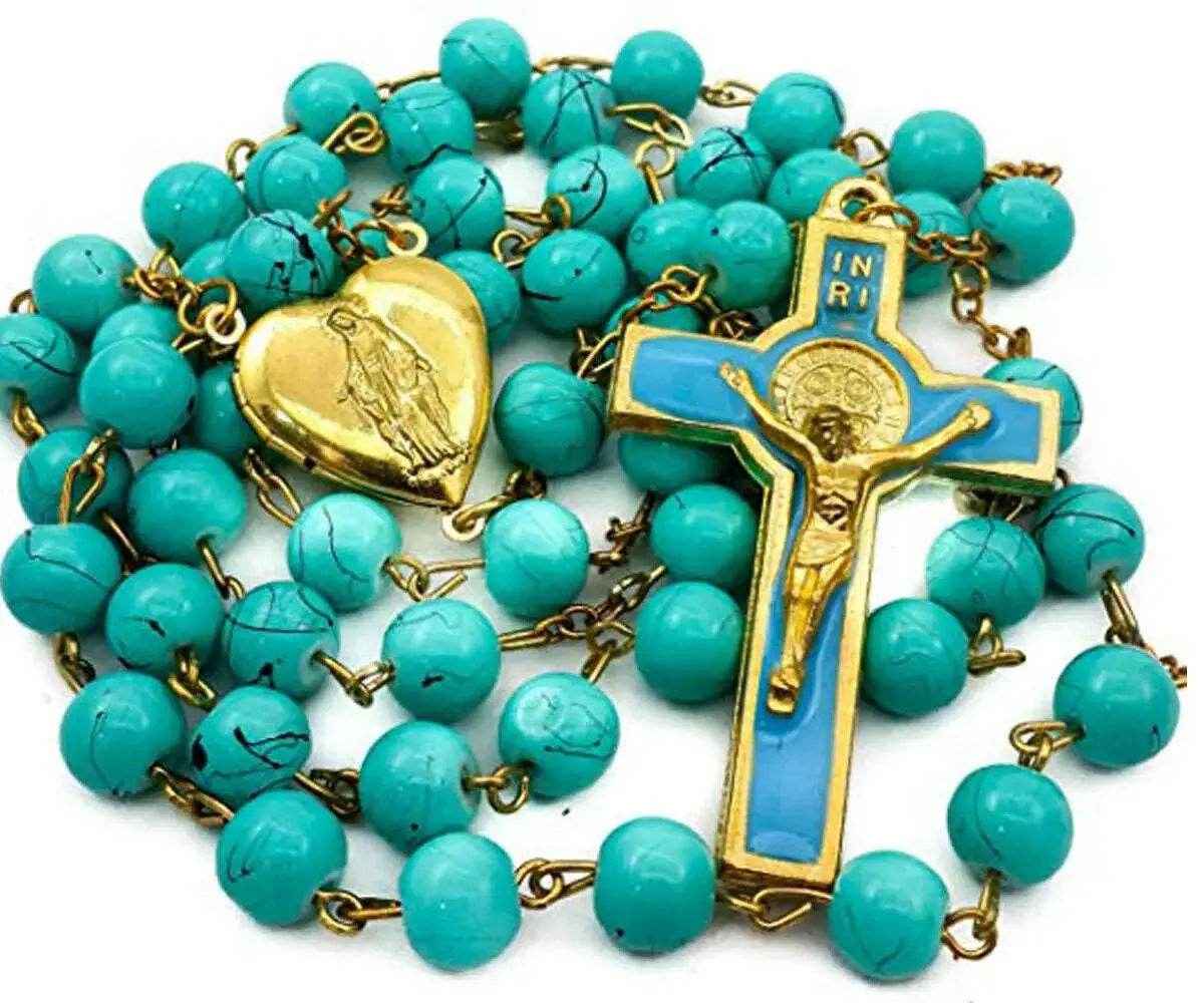 Saint Benedict Turquoise Beads Rosary Enamel Cross Heart Shape Medal