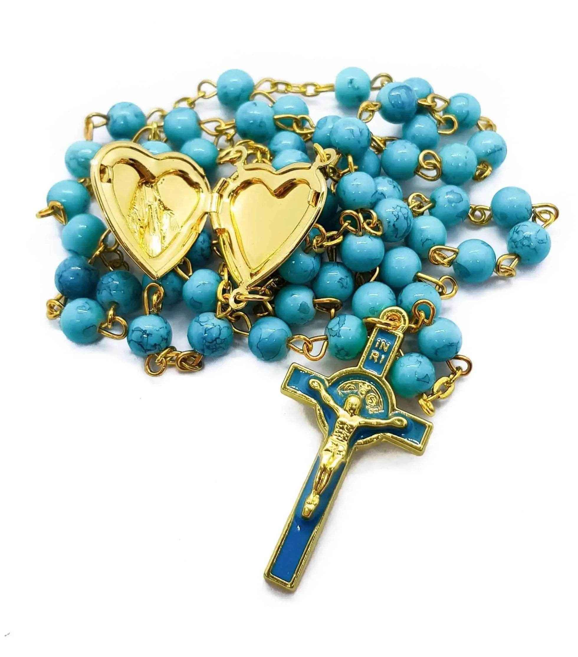 Saint Benedict Turquoise Beads Rosary Enamel Cross Heart Shape Medal - Nazareth Store