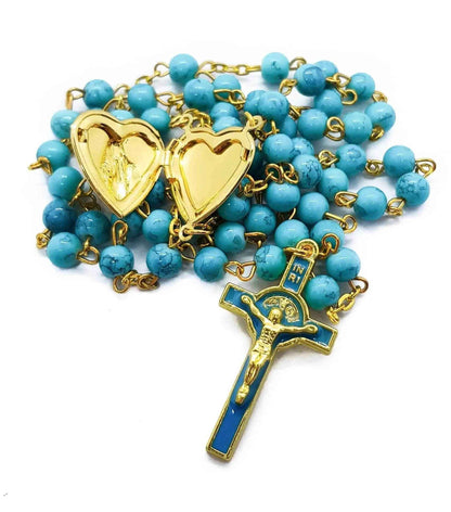 Saint Benedict Turquoise Beads Rosary Enamel Cross Heart Shape Medal - Nazareth Store