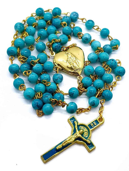 Saint Benedict Turquoise Beads Rosary Enamel Cross Heart Shape Medal - Nazareth Store