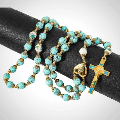 Turquoise Glass Rosary Necklace Flower Mystery Beads with Miraculous Medal & St. Benedict Crucifix - Nazareth Store