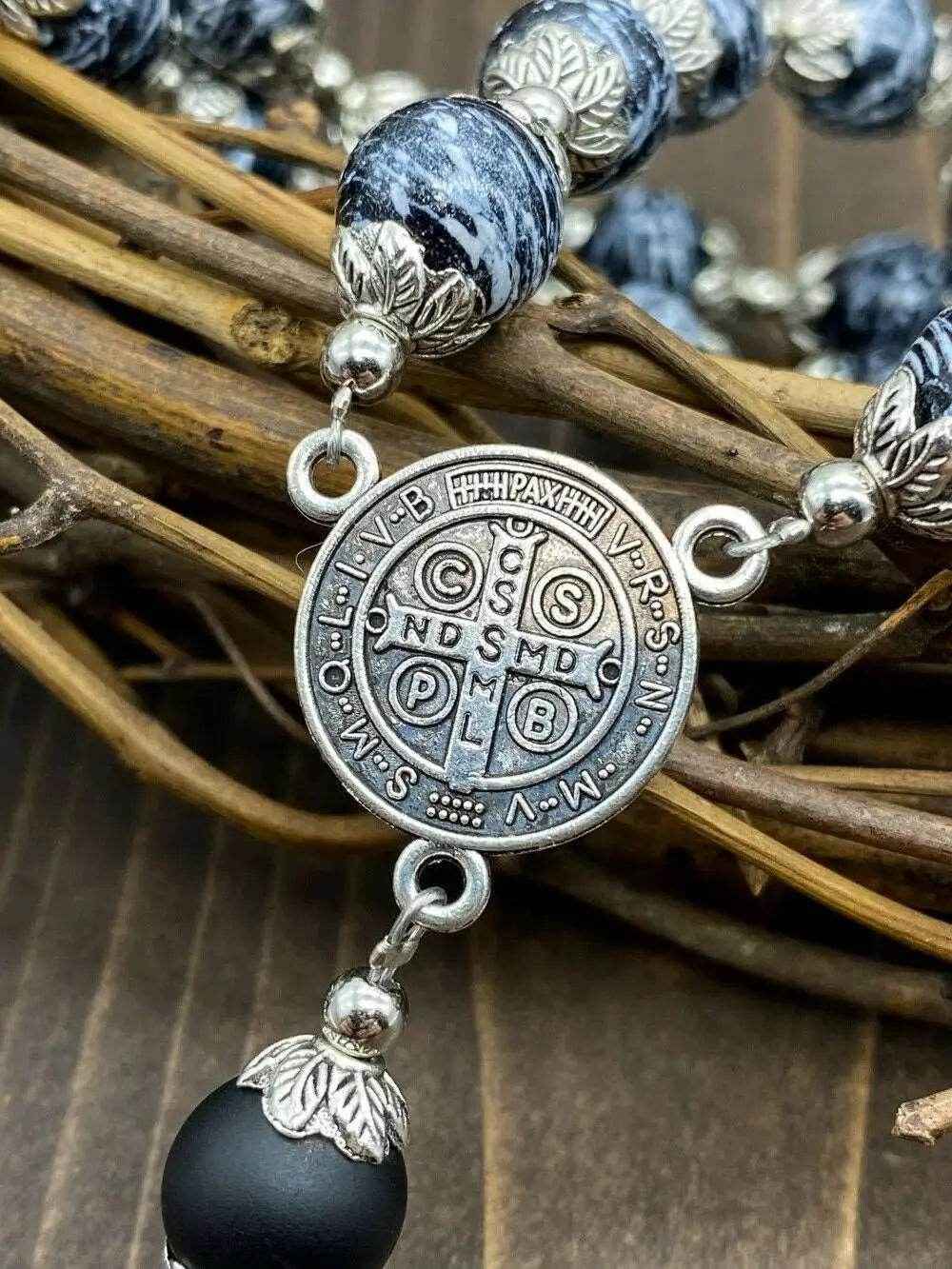 Black Glass Agate Beads Rosary Necklace Medal Cross