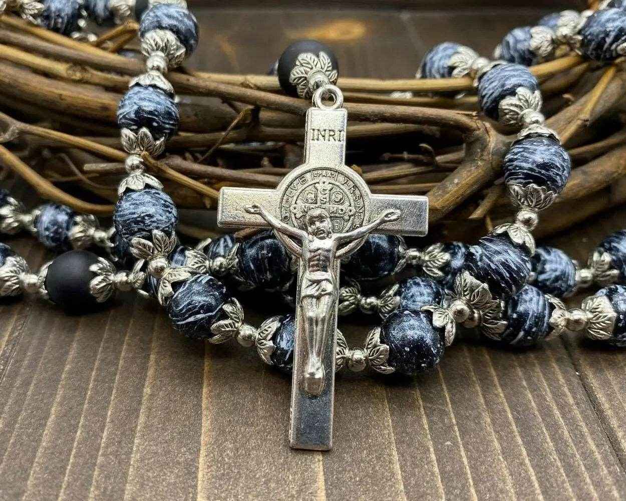 Black Glass Agate Beads Rosary Necklace Medal Cross