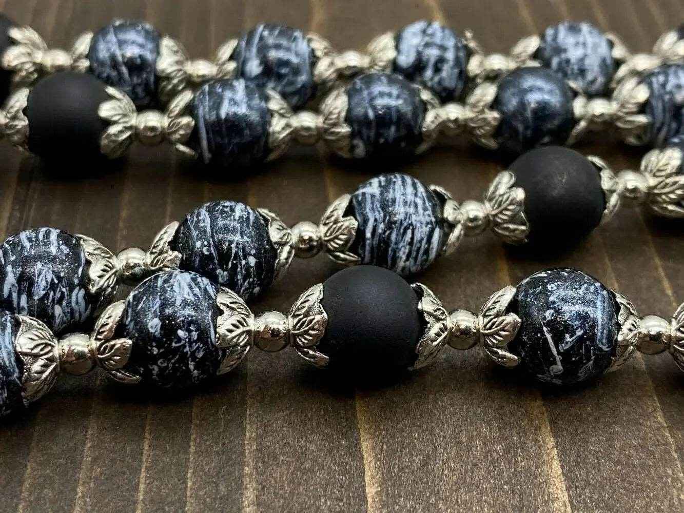 Black Glass Agate Beads Rosary Necklace Medal Cross
