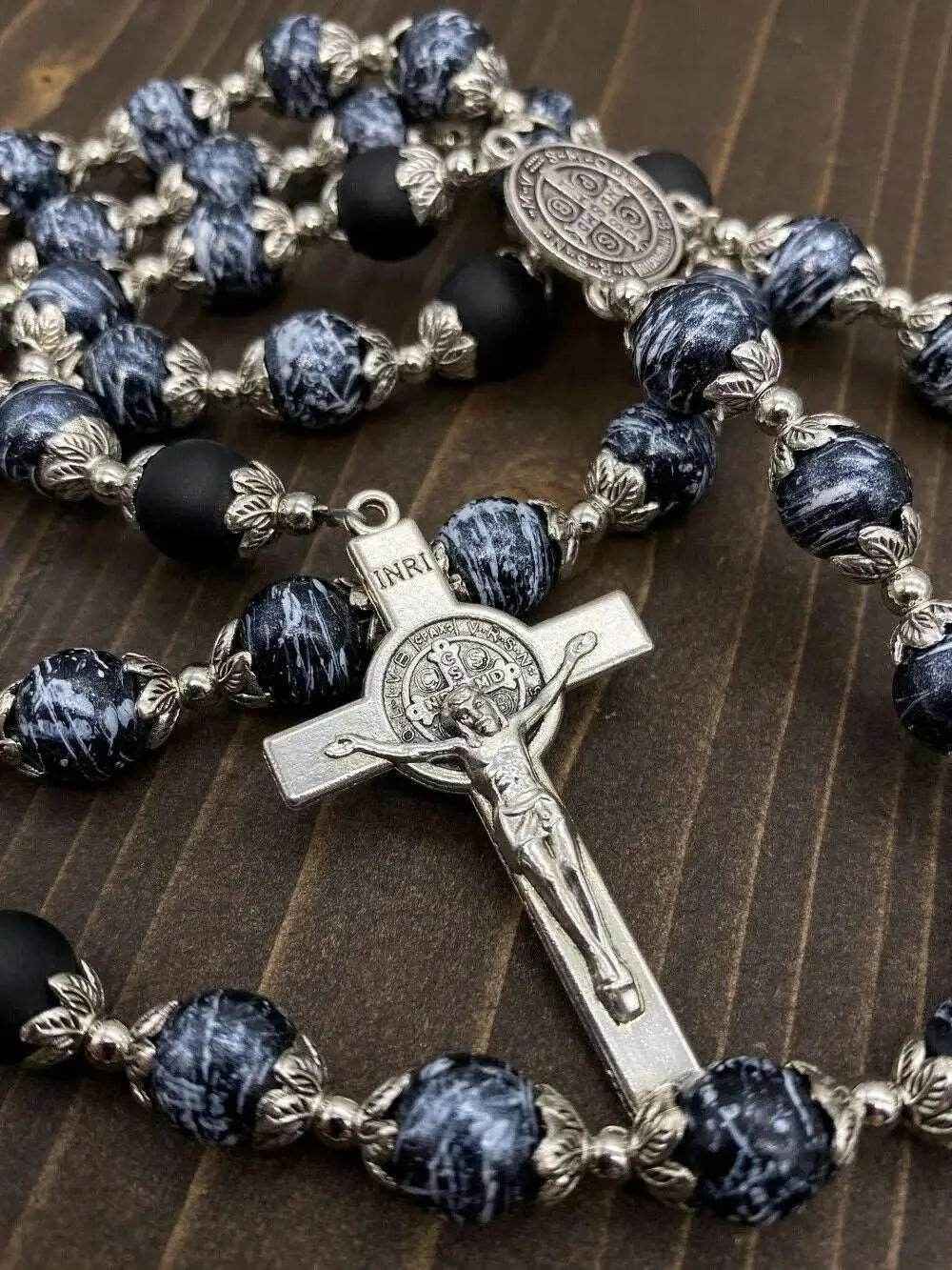 Black Glass Agate Beads Rosary Necklace Medal Cross