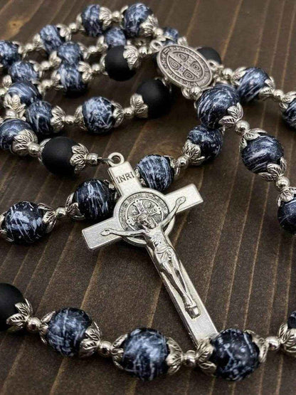 Black Glass Agate Beads Rosary Necklace Medal Cross