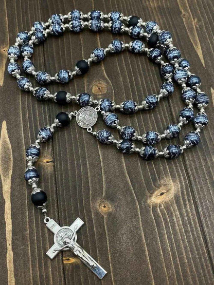 Black Glass Agate Beads Rosary Necklace Medal Cross
