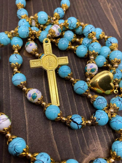 Turquoise Glass Rosary Necklace Flower Mystery Beads with Miraculous Medal & St. Benedict Crucifix - Nazareth Store