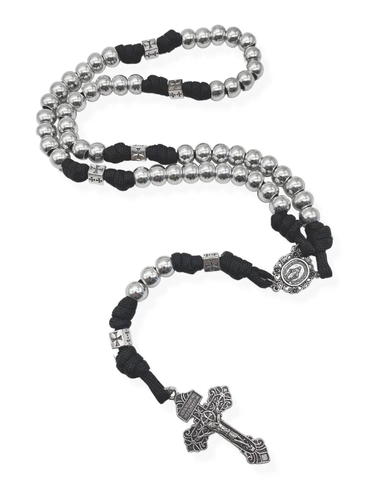 Silver Beads Paracord Rosary Necklace with Miraculous Medal & Pardon Crucifix - Nazareth Store