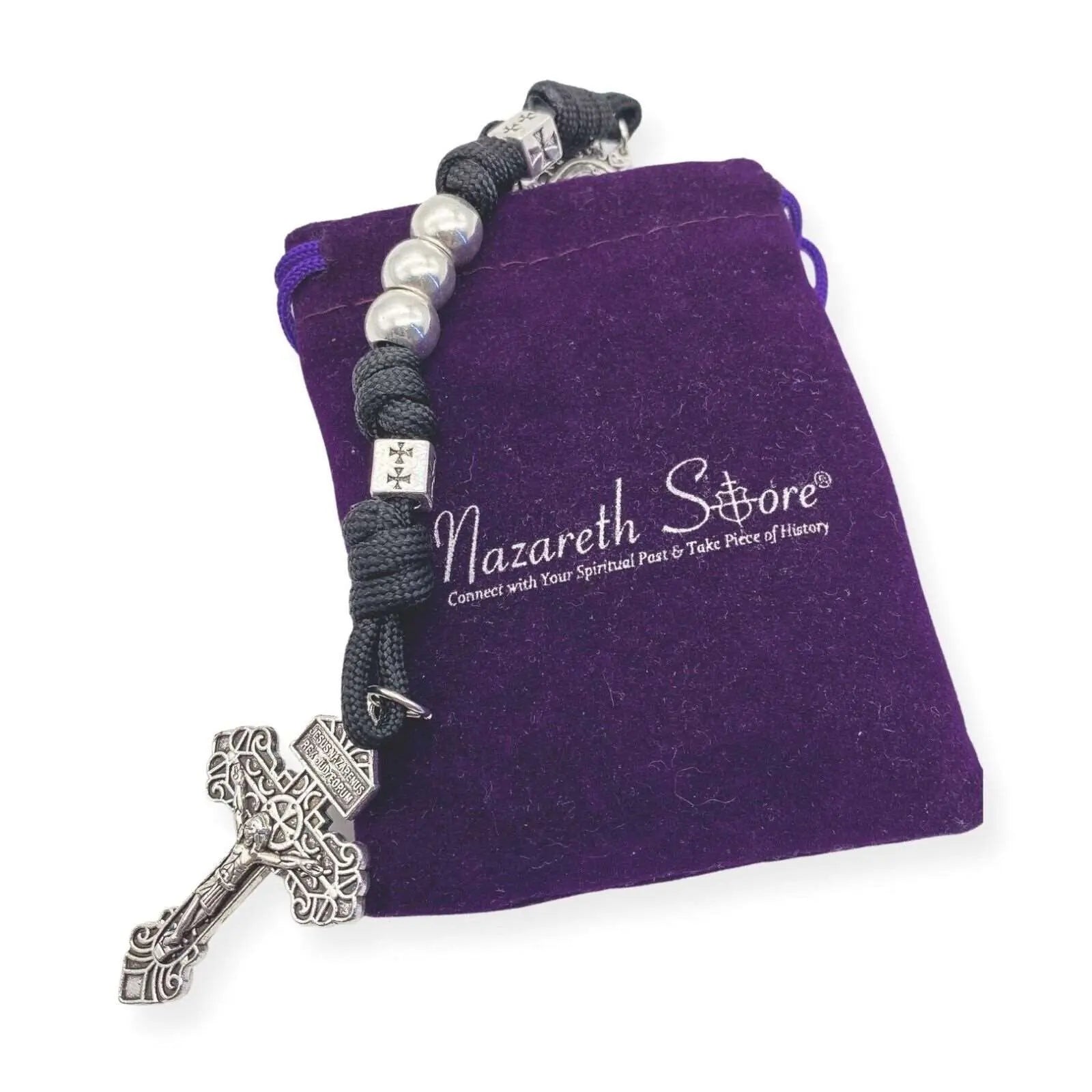 Silver Beads Paracord Rosary Necklace Catholic Rugged Black Cord Beaded Miraculous Medal & Pardon Crucifix Nazareth Store