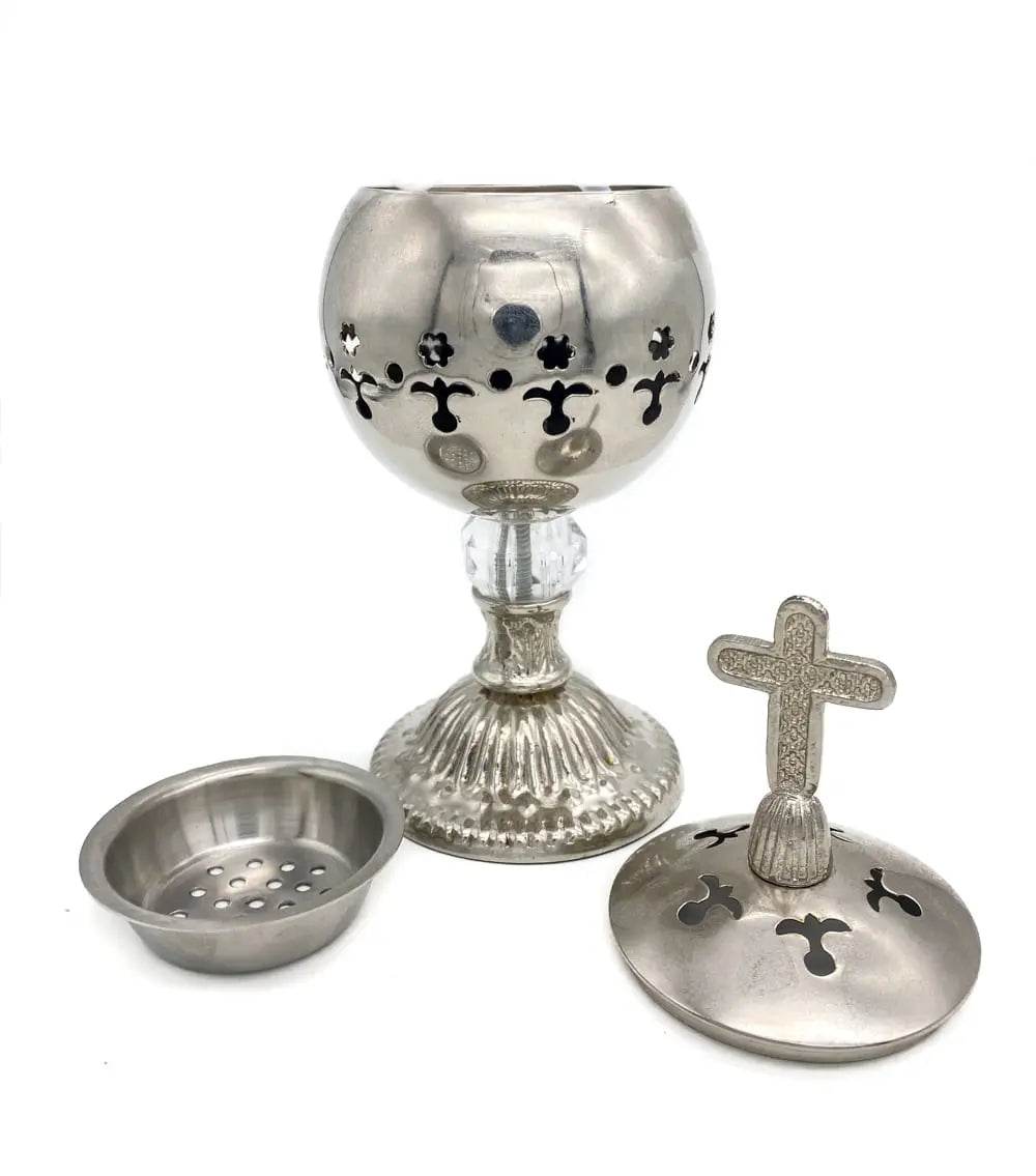 Silver Charcoal Incense Burner with Cross Censer Christian Church Incense Holder - Nazareth Store