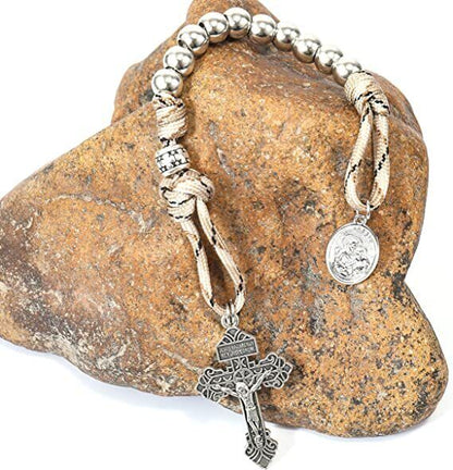 Silver Beads Paracord Rosary Rugged Necklace Set St. Michael & St.Benedict 22" - Nazareth Store