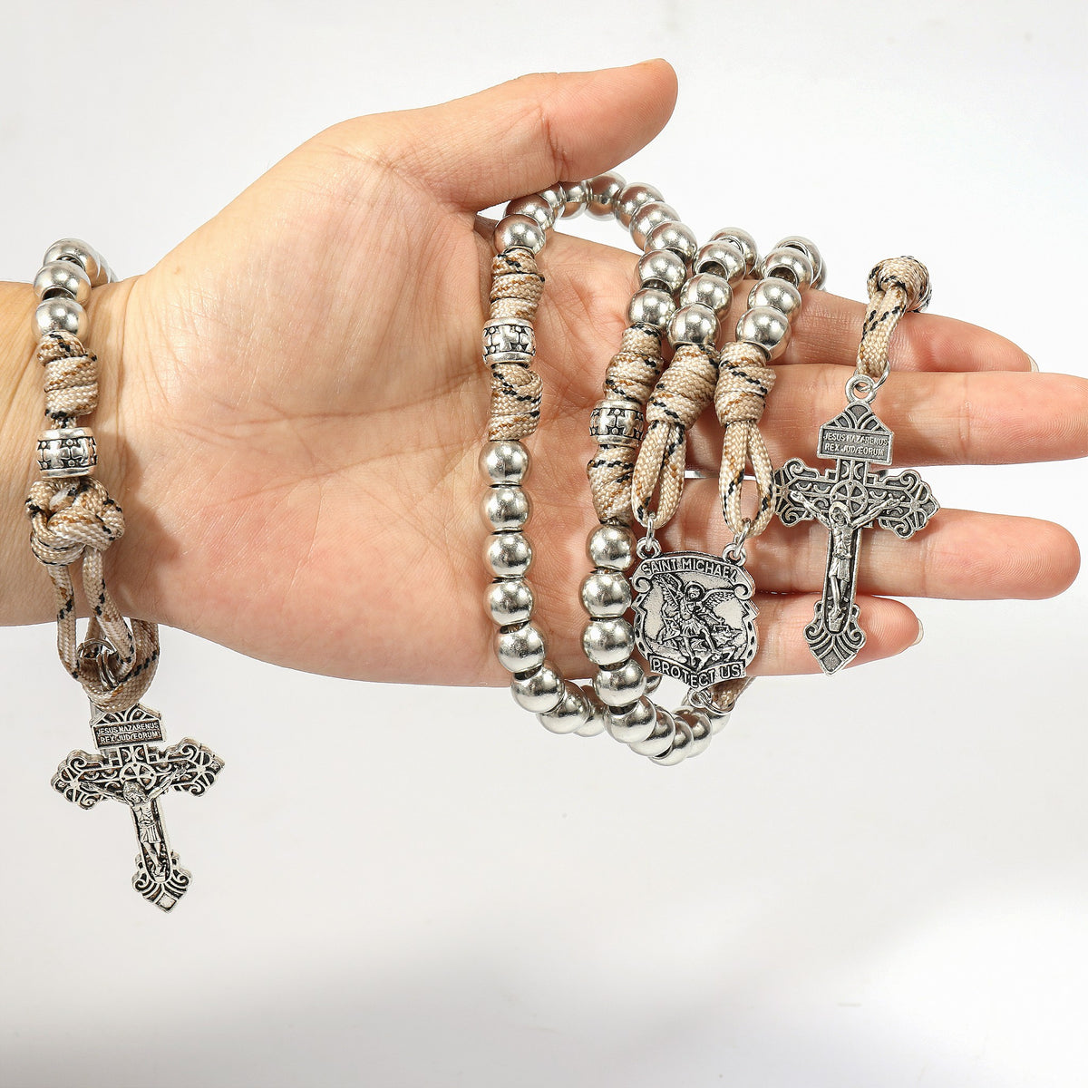 Silver Beads Paracord Rosary Rugged Necklace Set St. Michael & St.Benedict 22" - Nazareth Store