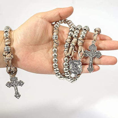 Silver Beads Paracord Rosary Rugged Necklace Set St. Michael & St.Benedict 22" - Nazareth Store