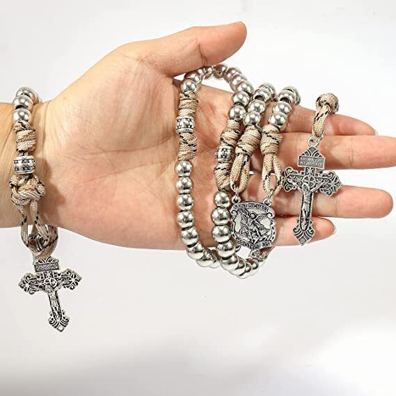 Silver Beads Paracord Rosary Rugged Necklace Set St. Michael & St.Benedict 22" - Nazareth Store
