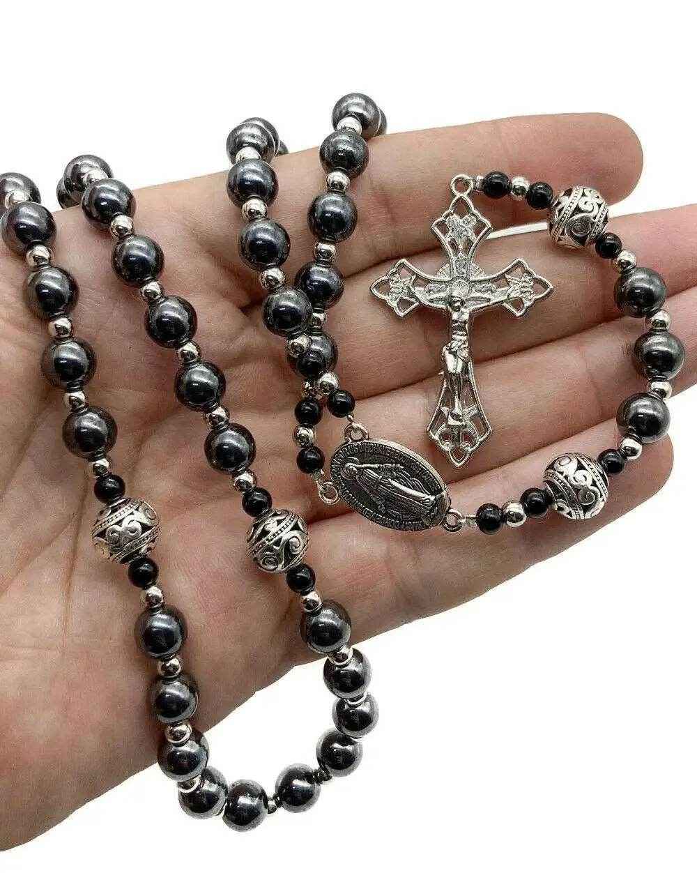 Hematite Black Stone 8mm Rosary Necklace with Miraculous Medal & Cross Crucifix - Nazareth Store