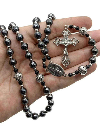 Hematite Black Stone 8mm Rosary Necklace with Miraculous Medal & Cross Crucifix - Nazareth Store