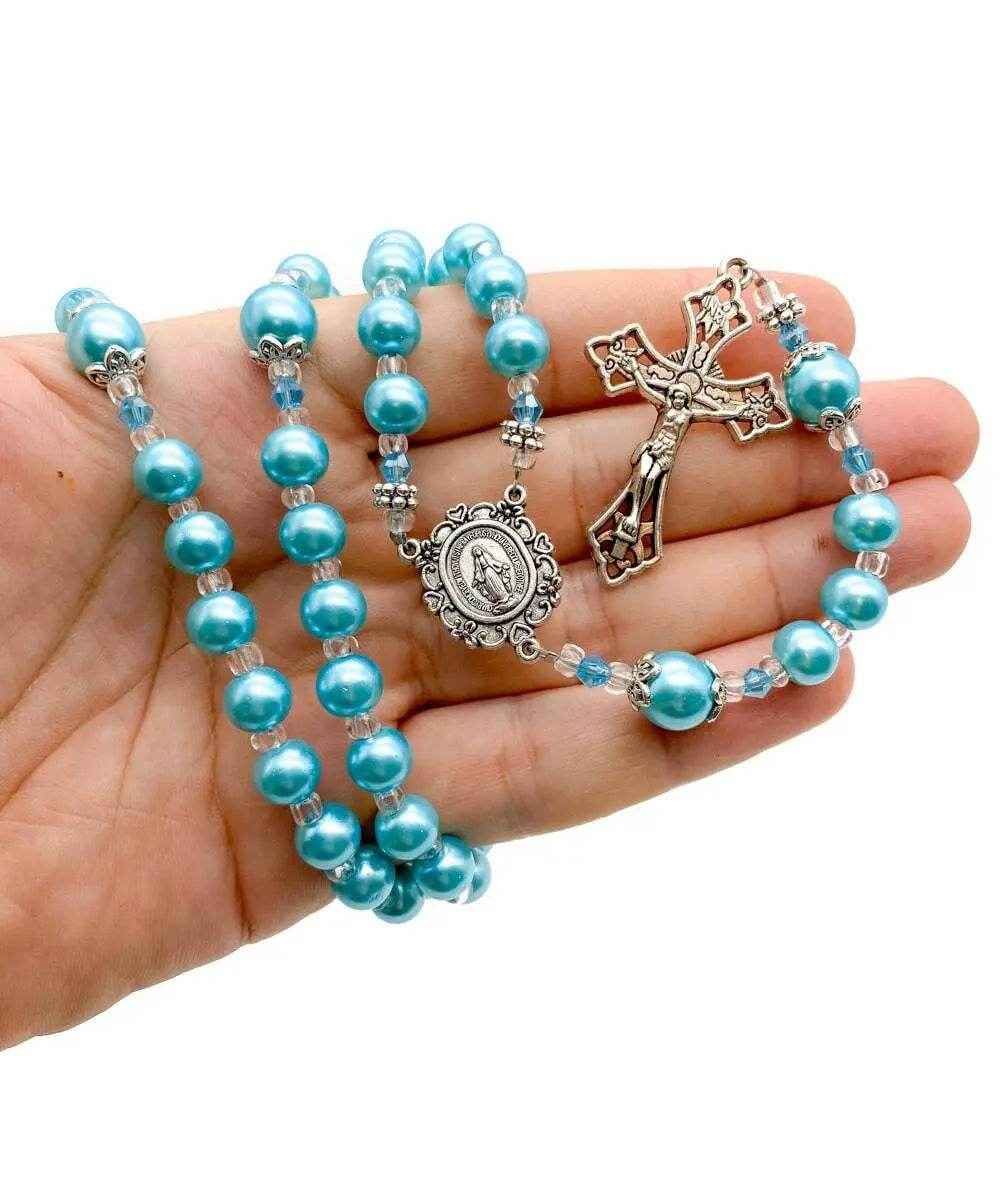 Turquoise Pearl Beads Rosary Necklace with Miraculous Medal  & Cross Crucifix - Nazareth Store
