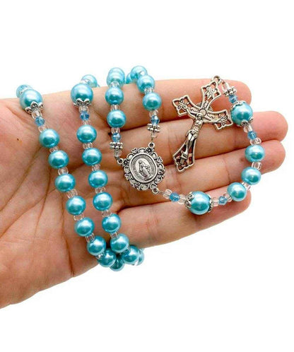 Turquoise Pearl Beads Rosary Necklace with Miraculous Medal  & Cross Crucifix - Nazareth Store
