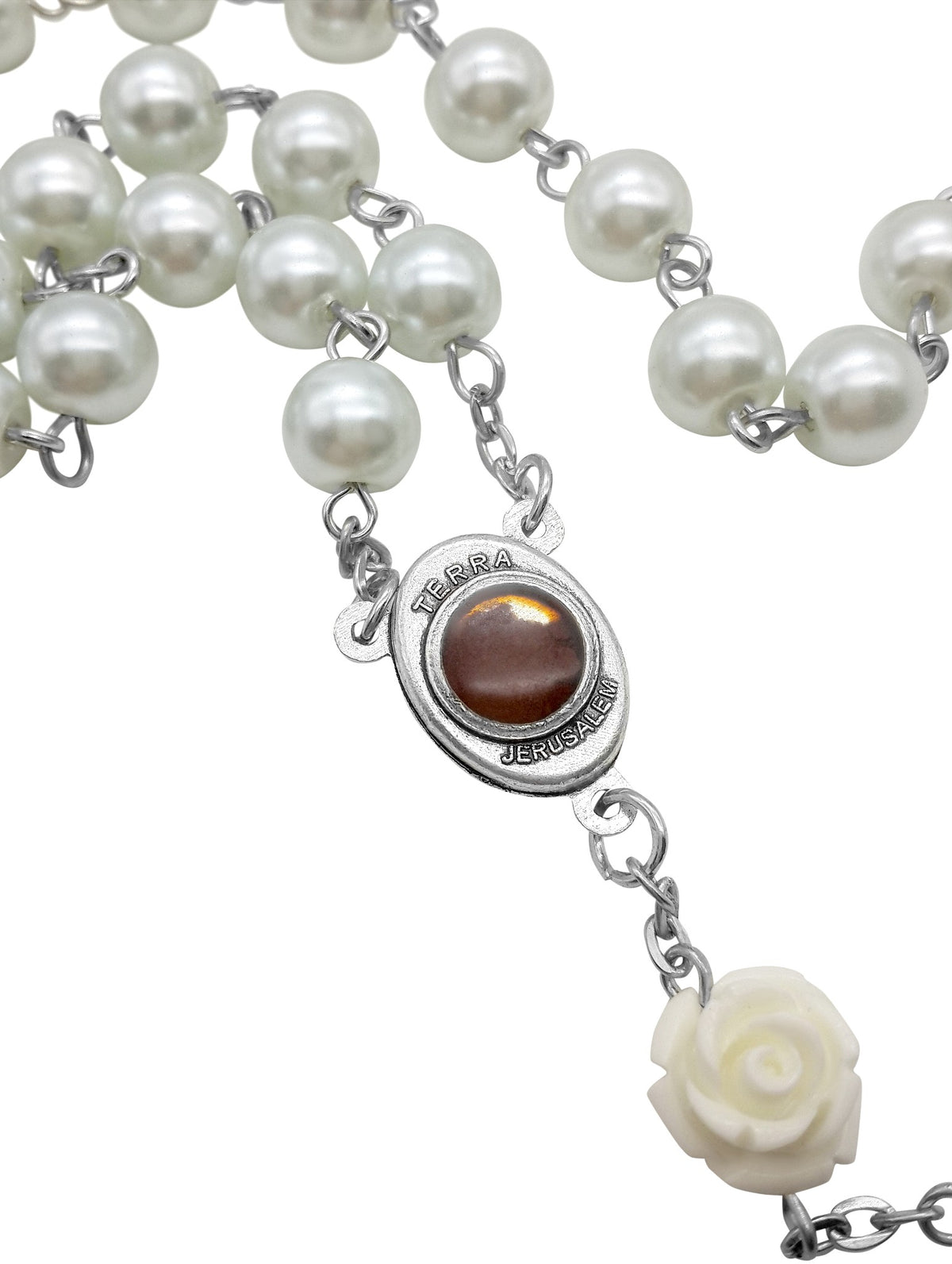 White Pearl Beads Rosary Necklace with Our Rose Lourdes Medal & Cross Crucifix - Nazareth Store