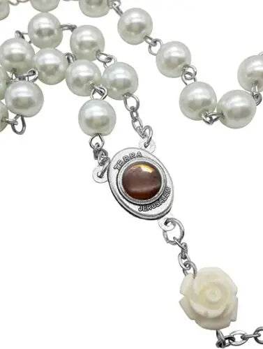 White Pearl Beads Rosary Necklace with Our Rose Lourdes Medal & Cross Crucifix - Nazareth Store