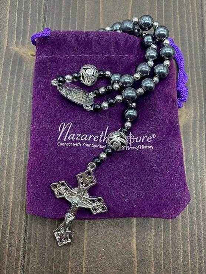 Hematite Black Stone 8mm Rosary Necklace with Miraculous Medal & Cross Crucifix - Nazareth Store