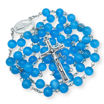 Sky Blue Rosary Cats Eye Selenite Calcite 8mm Beads Catholic Chaplet Prayer Beaded Necklace Miraculous Medal & Cross 21" Nazareth Store