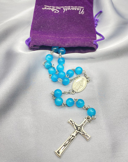 Sky Blue Rosary Cats Eye Selenite Calcite 8mm Beads Catholic Chaplet Prayer Beaded Necklace Miraculous Medal & Cross 21" Nazareth Store