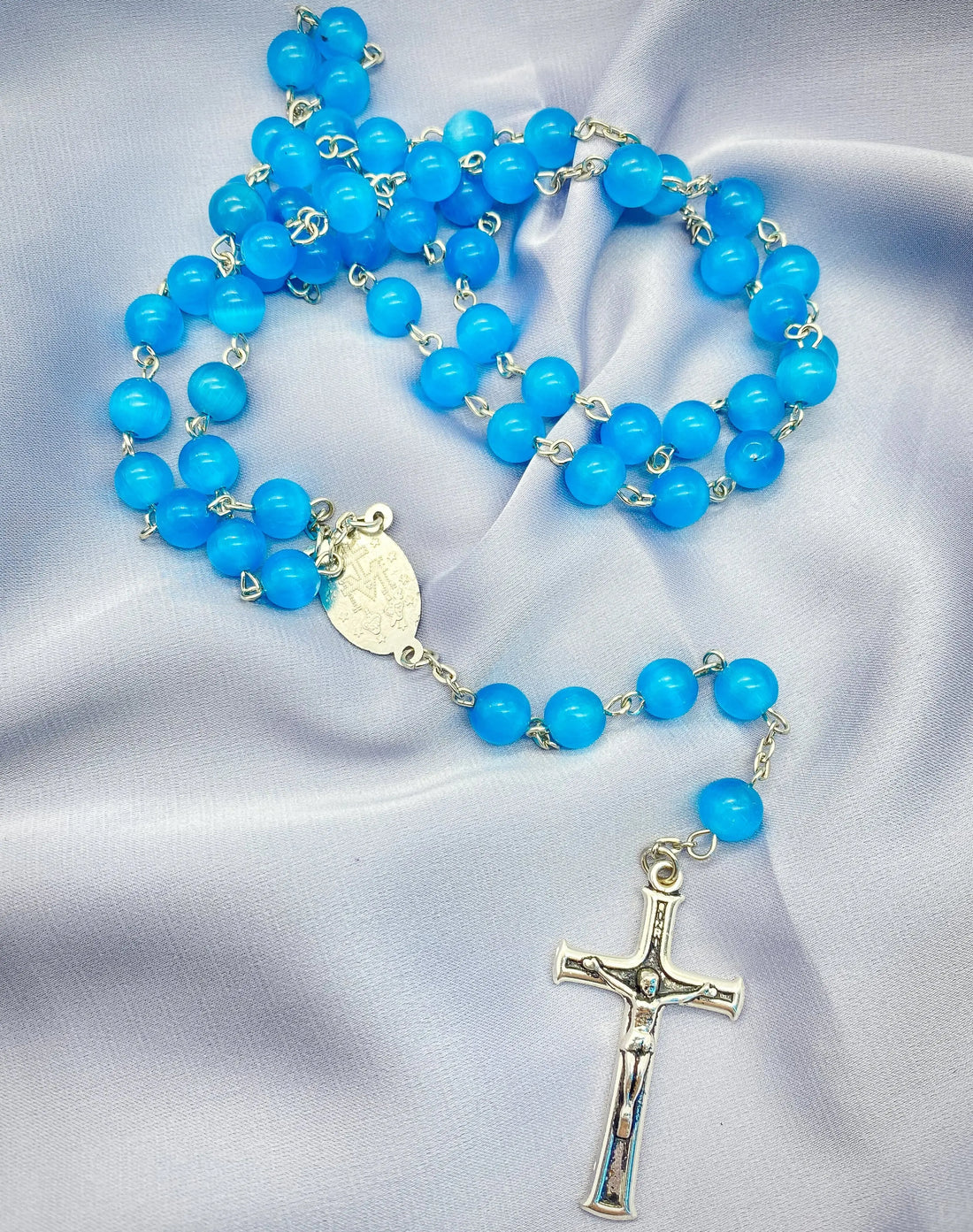 Sky Blue Rosary Cats Eye Selenite Beads Catholic Chaplet Miraculous Medal & Cross 21" Nazareth Store