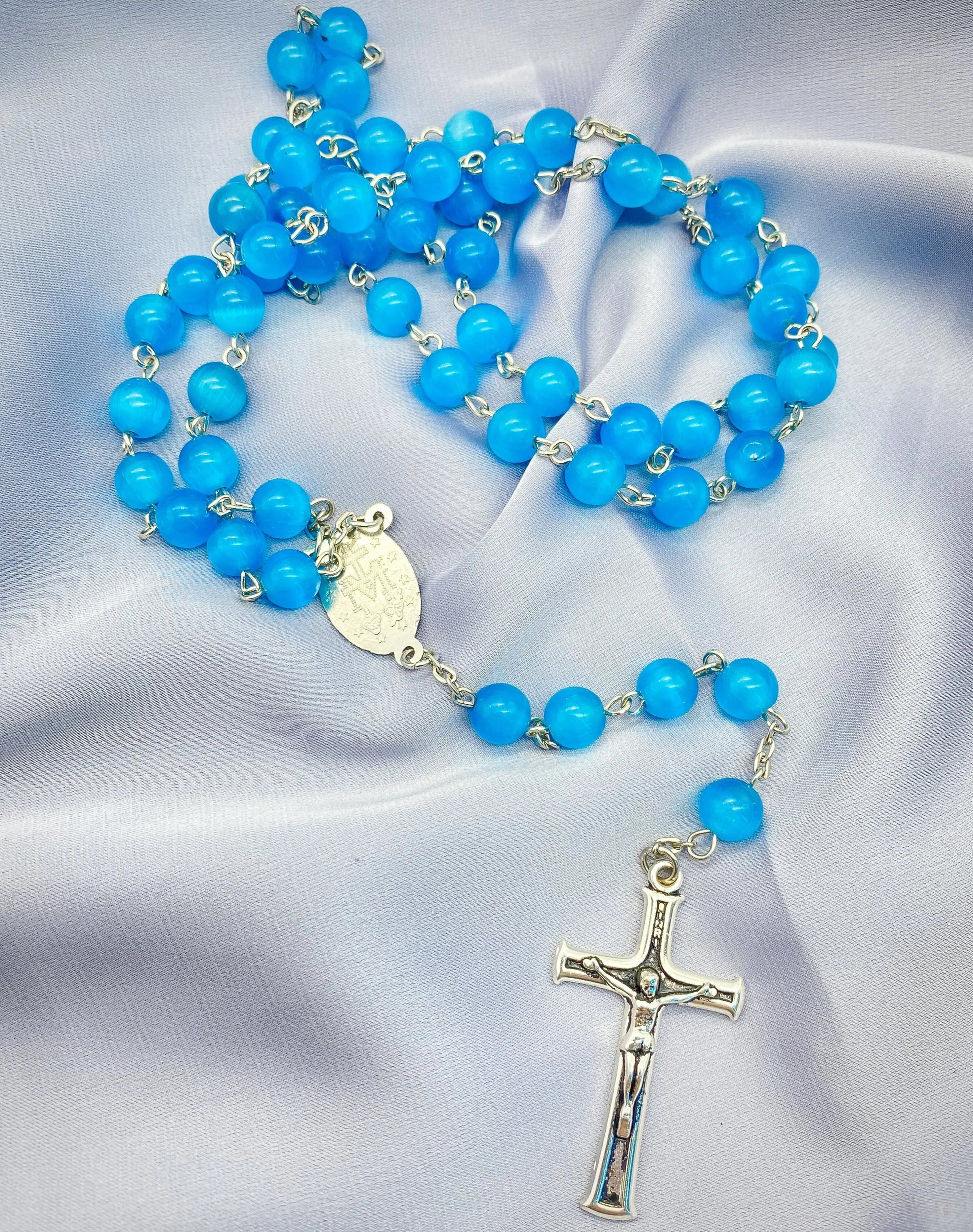 Sky Blue Rosary Cats Eye Selenite Calcite 8mm Beads Catholic Chaplet Prayer Beaded Necklace Miraculous Medal & Cross 21" Nazareth Store