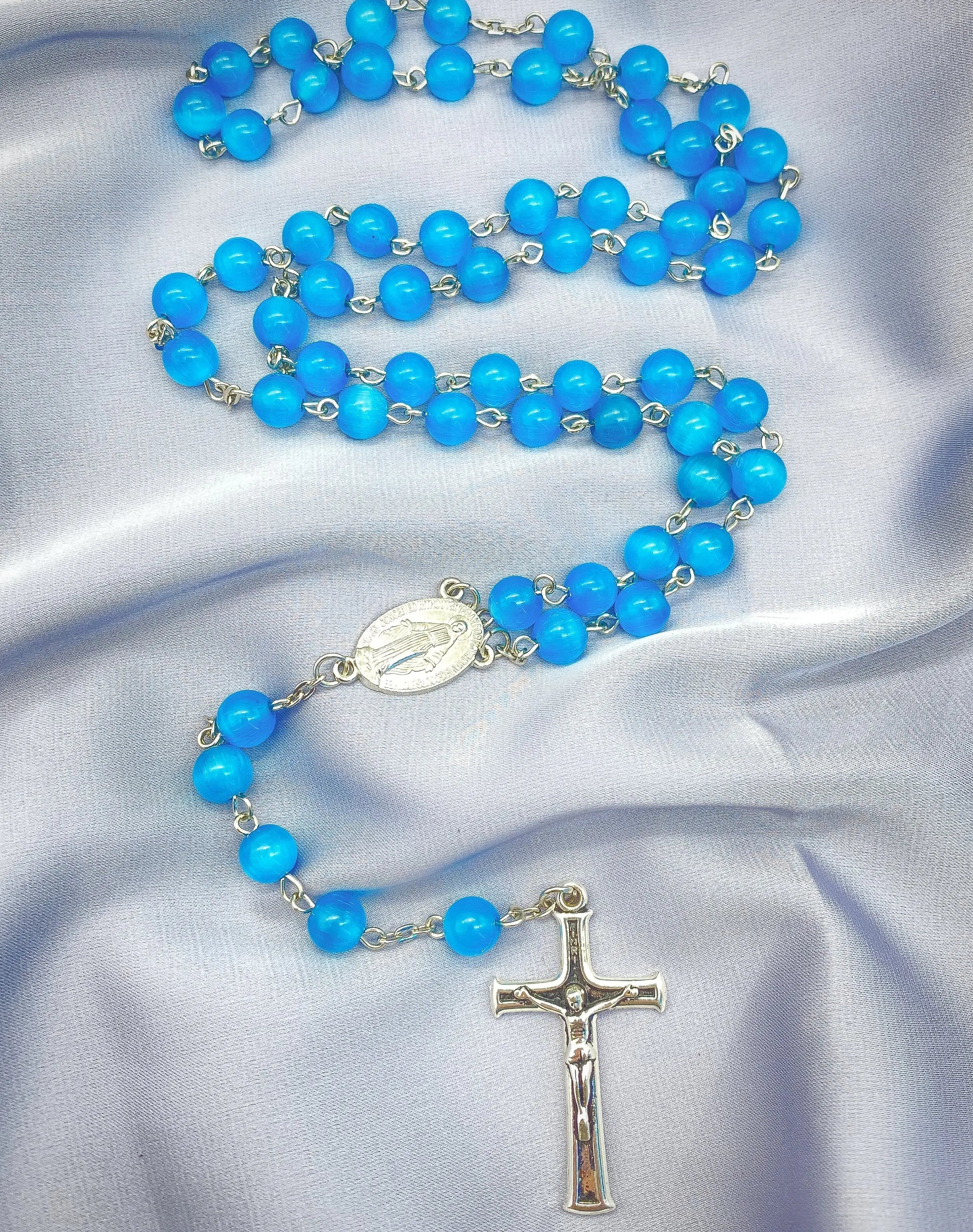 Sky Blue Rosary Cats Eye Selenite Calcite 8mm Beads Catholic Chaplet Prayer Beaded Necklace Miraculous Medal & Cross 21" Nazareth Store
