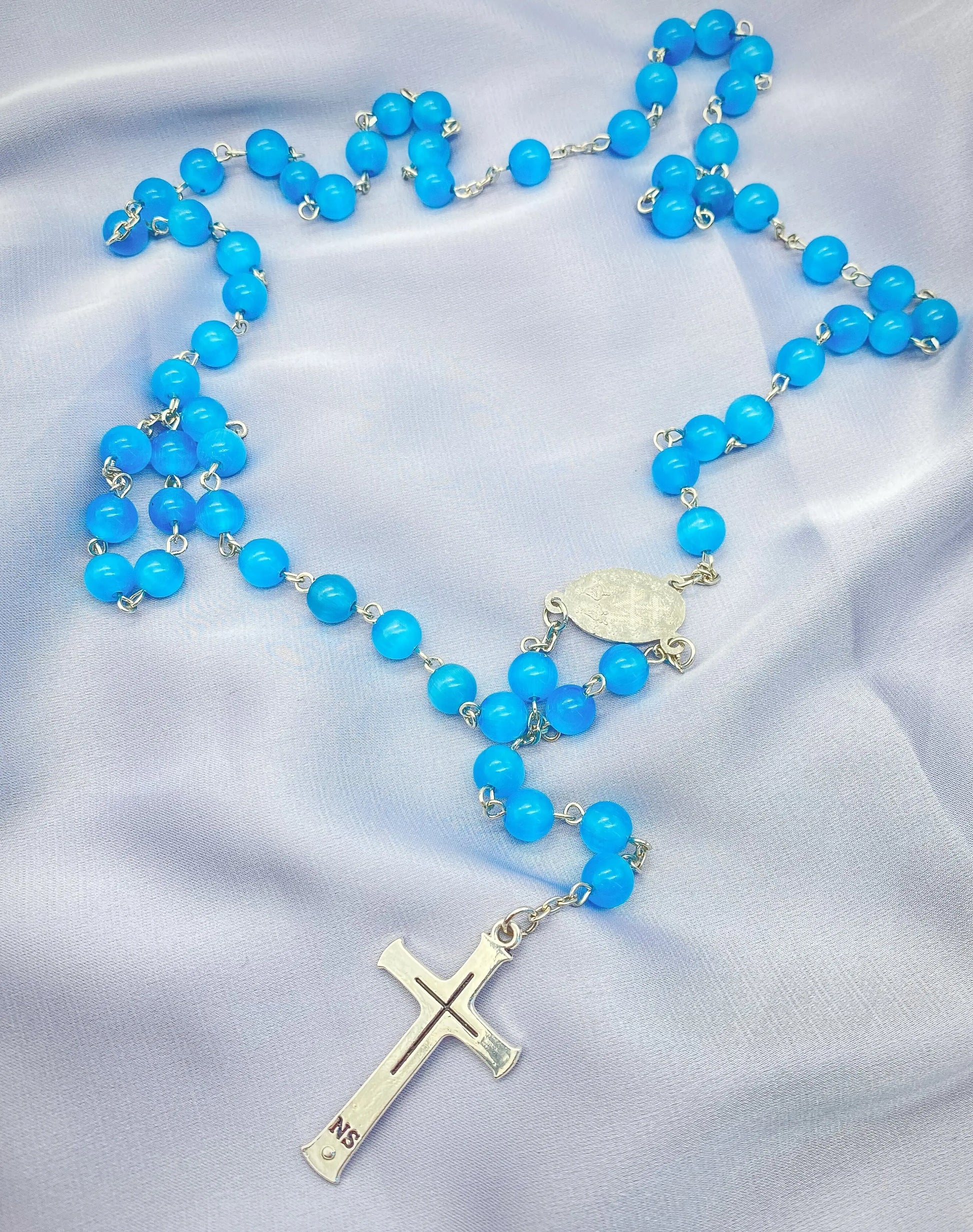 Sky Blue Rosary Cats Eye Selenite Calcite 8mm Beads Catholic Chaplet Prayer Beaded Necklace Miraculous Medal & Cross 21" Nazareth Store