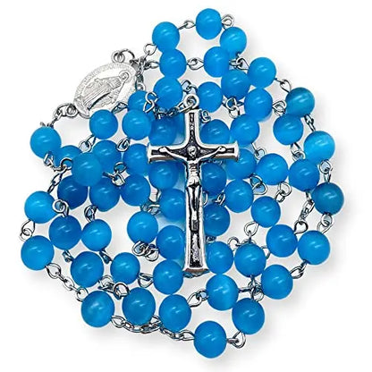 Sky Blue Rosary Cats Eye Selenite Calcite 8mm Beads Catholic Chaplet Prayer Beaded Necklace Miraculous Medal & Cross 21" Nazareth Store