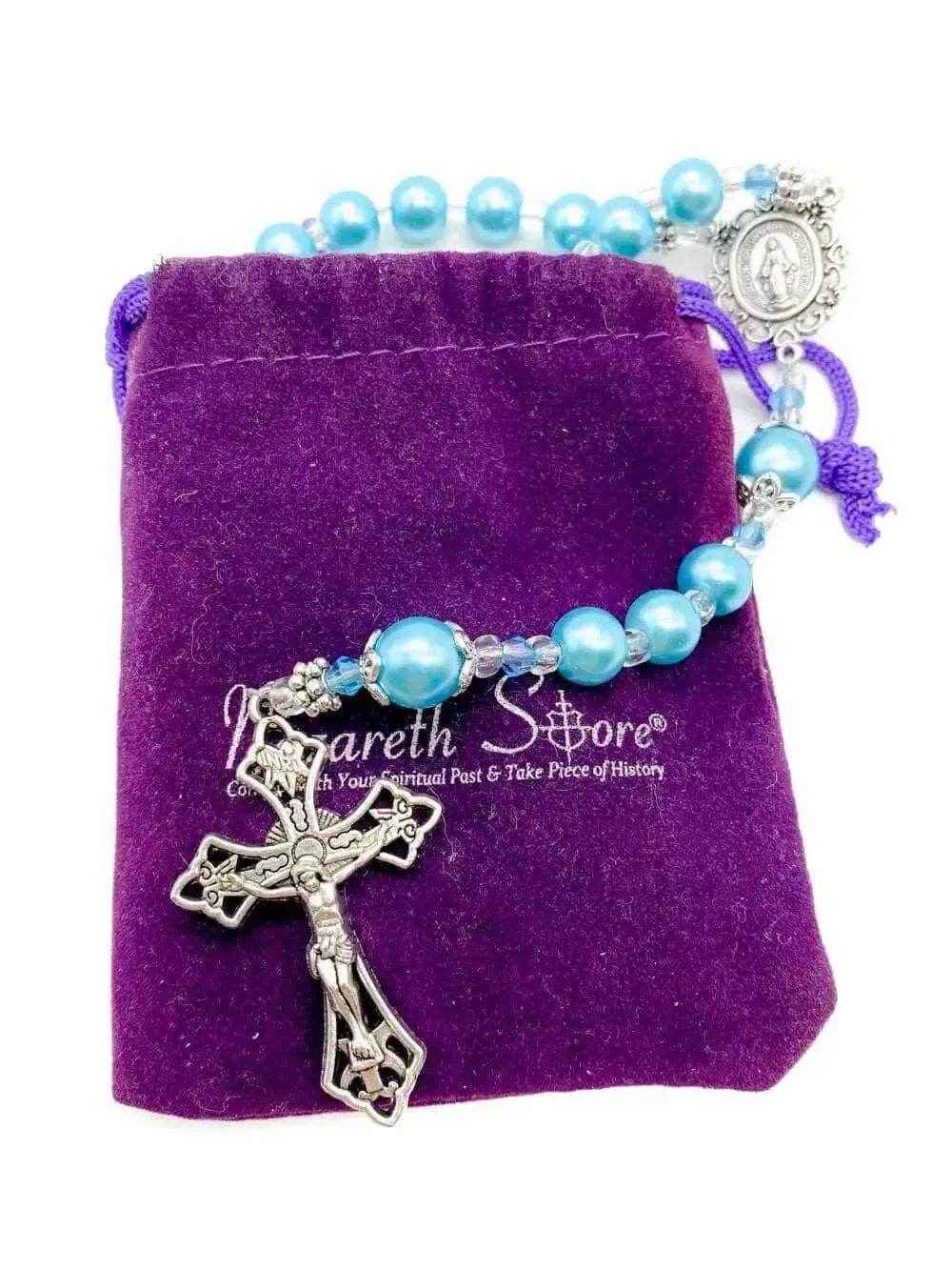 Turquoise Pearl Beads Rosary Necklace with Miraculous Medal  & Cross Crucifix - Nazareth Store