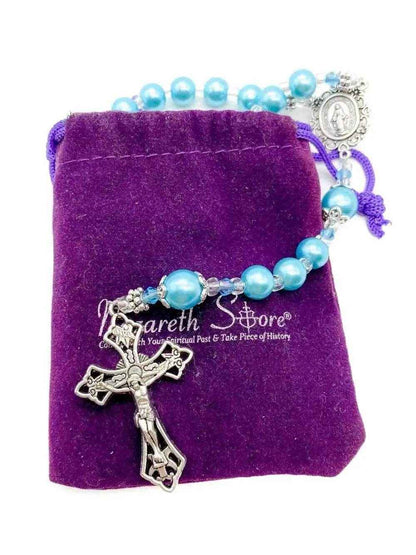 Turquoise Pearl Beads Rosary Necklace with Miraculous Medal  & Cross Crucifix - Nazareth Store