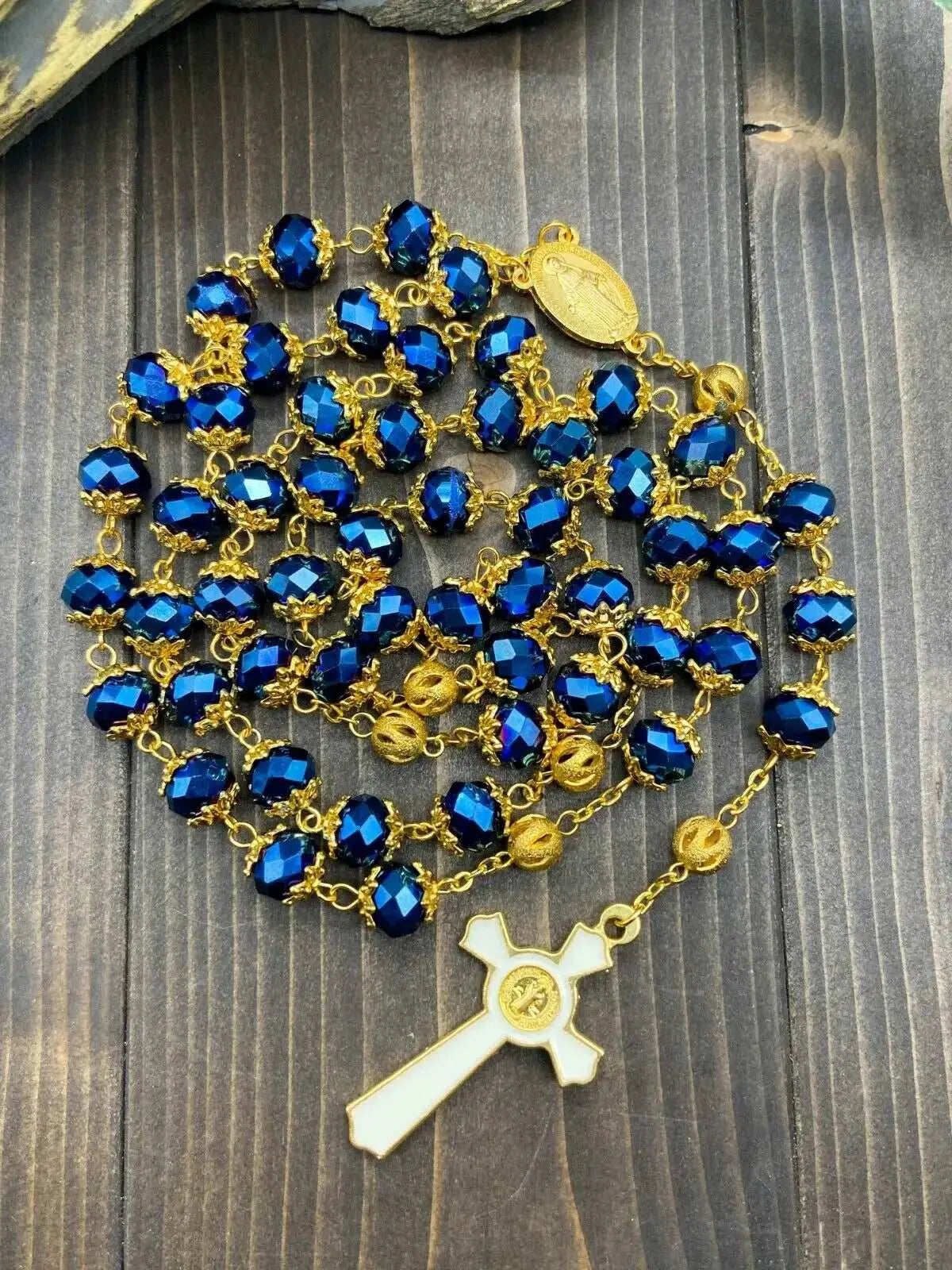 St Benedict Deep Blue Rosary Necklace 10mm Crystals Beaded Chaplet Nazareth Store