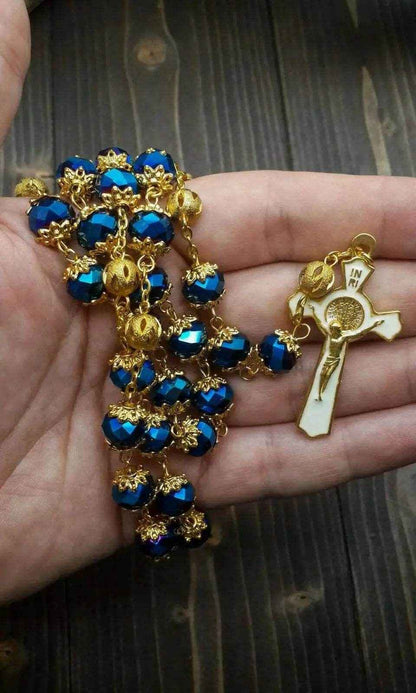St Benedict Deep Blue Rosary Necklace 10mm Crystals Beaded Chaplet - Nazareth Store