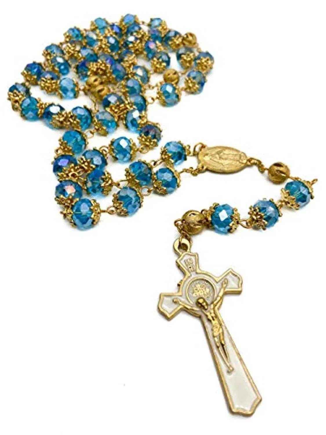 Light Blue Crystal Beads Rosary  St Saint Benedict Cross & Miraculous Medal