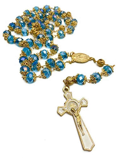 Light Blue Crystal Beads Rosary  St Saint Benedict Cross & Miraculous Medal