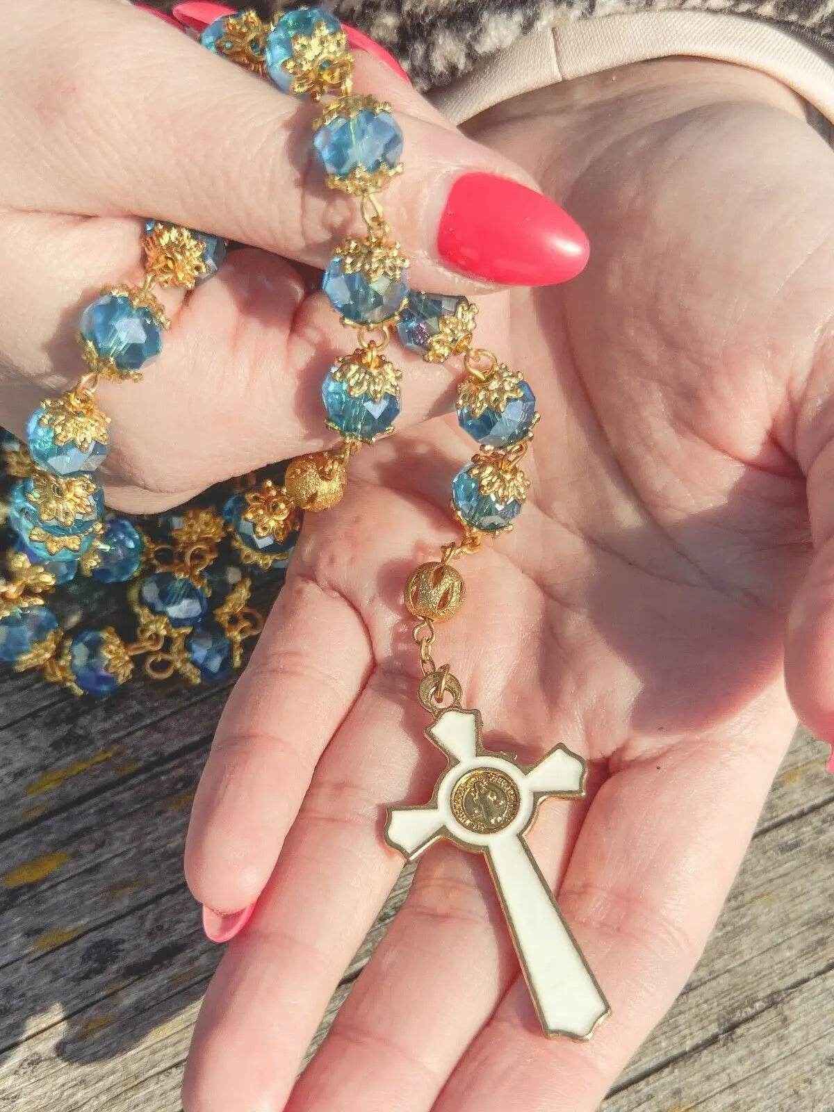 Light Blue Crystal Beads Rosary  St Saint Benedict Cross & Miraculous Medal